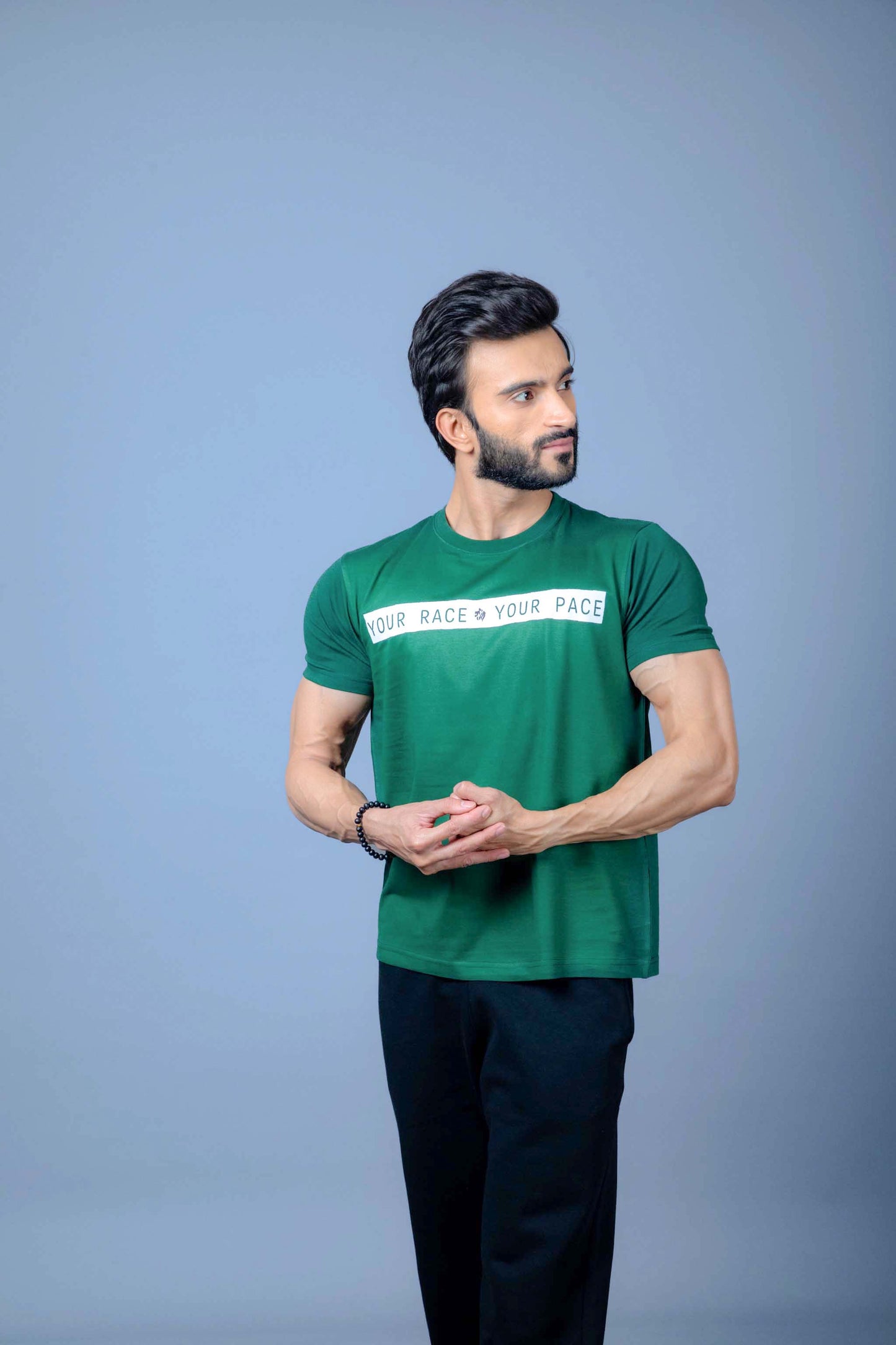 Person wearing a dry t-shirt designed for workout comfort and sweat control