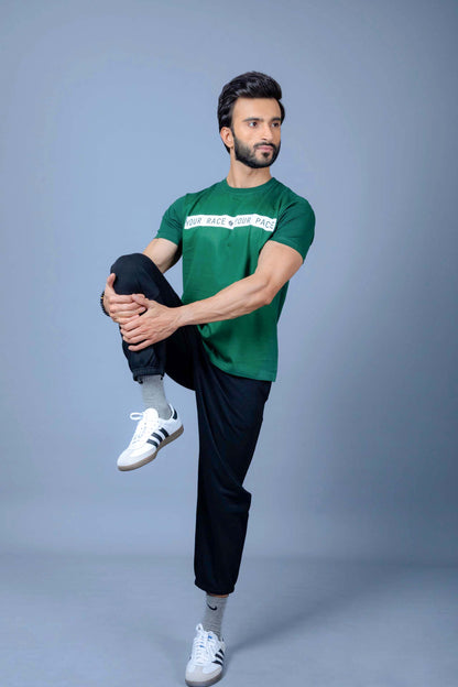 Person wearing a dry fit t-shirt, perfect for active workouts and sweat management
